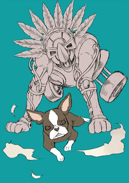 Anime picture 566x800 with jojo no kimyou na bouken iggy (jojo) the fool chounorin tall image simple background monochrome no people aqua background stand (jojo) animal feather (feathers) dog