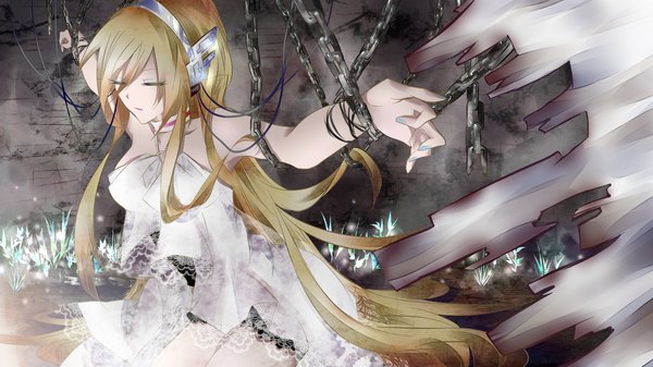 Anime picture 2000x1125 with vocaloid lily (vocaloid) tyouya single long hair highres blonde hair wide image eyes closed nail polish girl dress chain wire (wires)