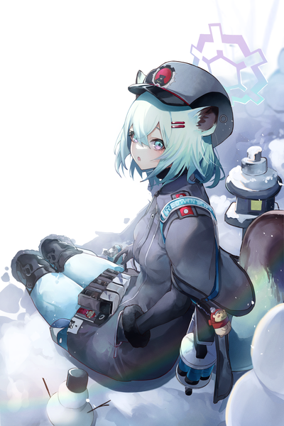 Anime picture 2836x4259 with blue archive shigure (blue archive) megu (pixiv9460065) single tall image looking at viewer fringe highres short hair hair between eyes animal ears tail animal tail aqua eyes from above aqua hair :o snowing winter snow