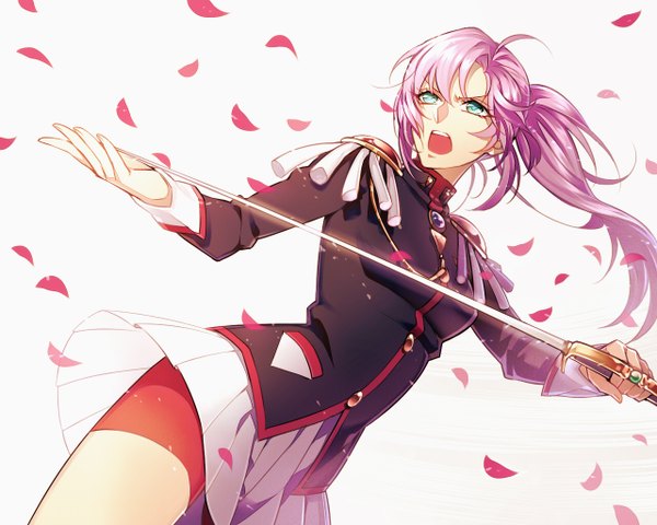 Anime picture 1280x1024 with revolutionary girl utena j.c. staff tenjou utena tayuya1130 single long hair open mouth simple background standing white background holding pink hair ahoge ponytail pleated skirt aqua eyes wind from below military girl
