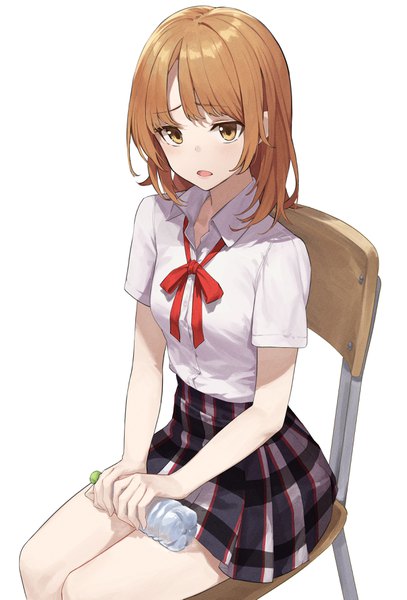 Anime picture 2465x3634 with yahari ore no seishun love comedy wa machigatteiru. brains base (studio) isshiki iroha star741 single tall image looking at viewer blush fringe highres short hair open mouth simple background brown hair white background sitting holding brown eyes blunt bangs pleated skirt