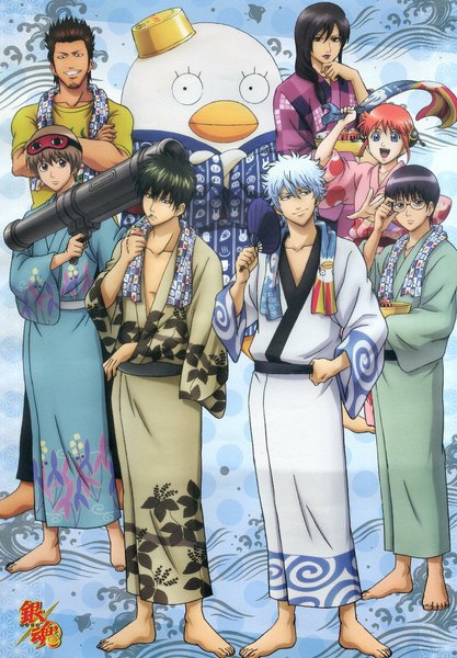 Anime picture 1348x1938 with gintama sunrise (studio) sakata gintoki kagura (gintama) hijikata toshiro okita sougo katsura kotarou shimura shinpachi kondo isao elizabeth long hair tall image looking at viewer short hair black hair simple background brown hair looking away white hair traditional clothes