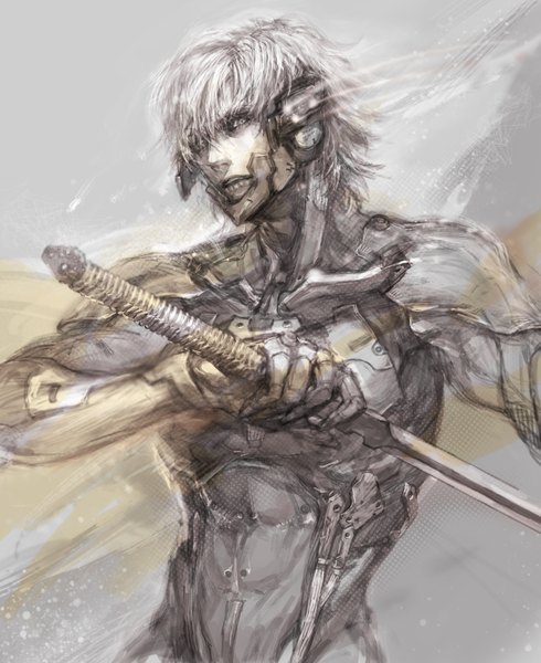 Anime picture 1334x1634 with metal gear metal gear solid raiden chang (artist) single tall image short hair white hair monochrome boy weapon armor pilot suit