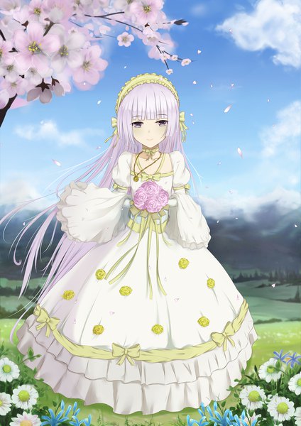 Anime picture 1654x2338 with gosick studio bones victorique de blois flan (seeyouflan) single tall image looking at viewer blue eyes standing sky cloud (clouds) full body outdoors white hair very long hair wind spoilers girl dress flower (flowers)