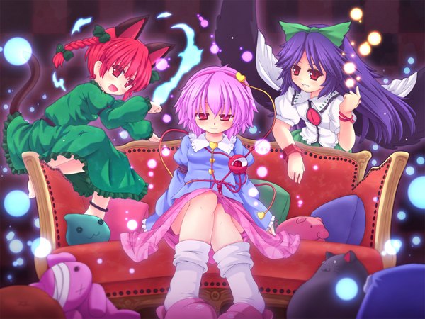 Anime picture 1600x1200 with touhou komeiji satori reiuji utsuho kaenbyou rin etogami kazuya highres red eyes animal ears pink hair red hair cat ears extra ears girl