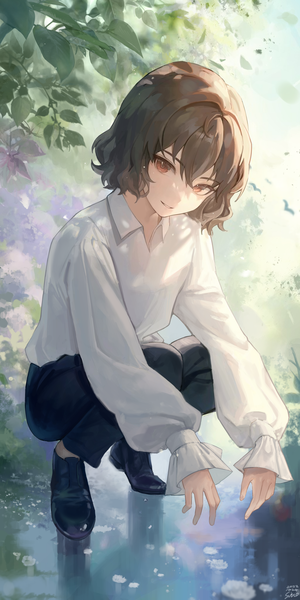 Anime picture 2155x4307 with inazuma eleven inazuma eleven go shindou takuto ff 01 single tall image looking at viewer fringe highres short hair hair between eyes brown hair brown eyes full body outdoors head tilt squat boy blouse