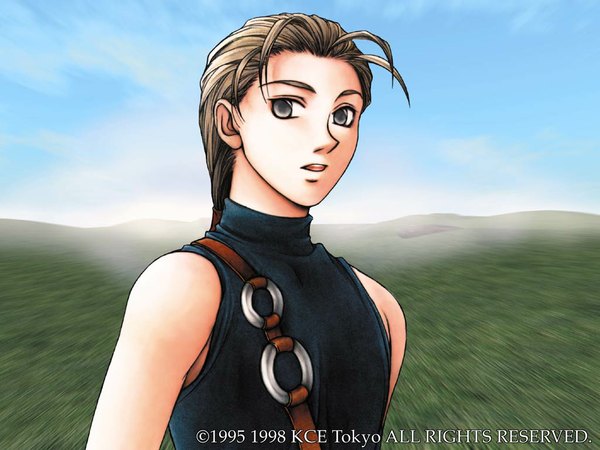 Anime picture 1024x768 with genso suikoden 2 jowy atreides single long hair open mouth brown hair sky grey eyes sleeveless field boy