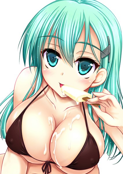 Anime picture 800x1130 with kantai collection suzuya heavy cruiser akizuki akina single long hair tall image looking at viewer blush breasts light erotic simple background large breasts white background cleavage aqua eyes green hair girl hair ornament swimsuit bikini
