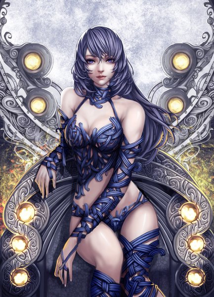 Anime picture 1555x2152 with original bin single long hair tall image fringe breasts light erotic sitting purple eyes cleavage purple hair fingernails lips bare belly midriff girl