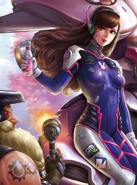 Anime picture 2551x3437 with overwatch blizzard entertainment d.va (overwatch) meka (overwatch) torbjorn (overwatch) jess (jess4400) long hair tall image looking at viewer fringe highres blonde hair brown hair holding brown eyes looking away wind tattoo lipstick facial mark