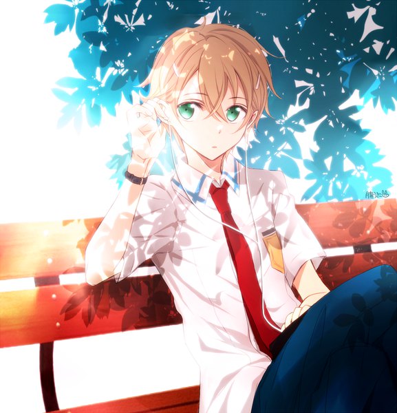 Anime picture 1000x1039 with sword art online a-1 pictures eugeo (sao) tsukimori usako single tall image looking at viewer fringe short hair blonde hair hair between eyes sitting signed aqua eyes shadow short sleeves boy uniform plant (plants) school uniform