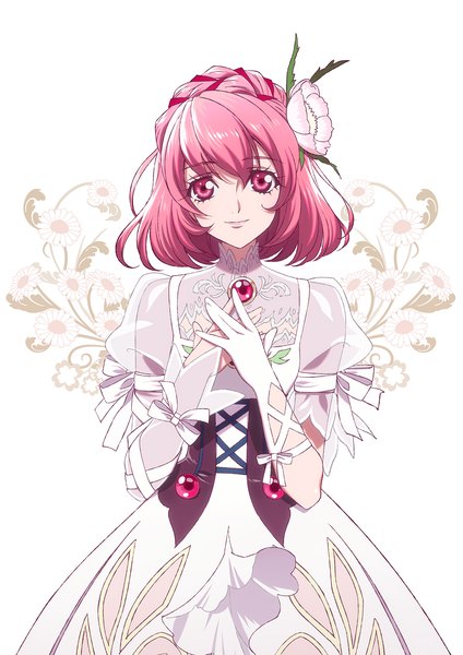 Anime picture 1240x1754 with tales of (series) tales of crestoria misella tomaty. single tall image looking at viewer fringe short hair smile hair between eyes standing white background pink hair pink eyes hair flower puffy sleeves girl dress flower (flowers)