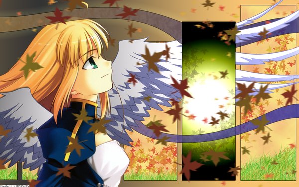 Anime picture 1680x1050 with fate (series) fate/stay night studio deen type-moon artoria pendragon (all) saber single long hair blonde hair wide image green eyes signed looking away ahoge upper body profile third-party edit white wings girl wings