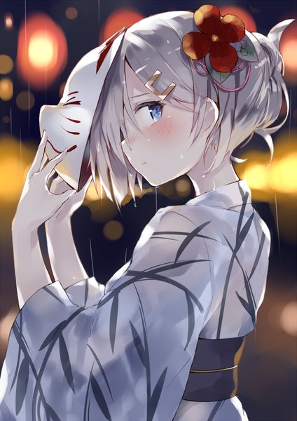 Anime picture 707x1000 with kantai collection hamakaze destroyer kou mashiro single tall image blush fringe short hair blue eyes holding looking away silver hair long sleeves traditional clothes japanese clothes profile hair flower wide sleeves wet rain