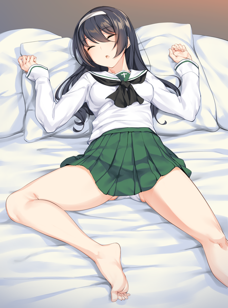 Anime picture 1111x1500 with girls und panzer reizei mako ikomochi single long hair tall image blush fringe breasts open mouth light erotic black hair hair between eyes bent knee (knees) indoors lying eyes closed long sleeves pleated skirt barefoot