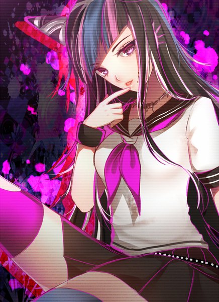 Anime picture 800x1100 with dangan ronpa super dangan ronpa 2 mioda ibuki yumyum single long hair tall image fringe black hair parted lips pleated skirt pink eyes multicolored hair hair bun (hair buns) streaked hair finger to mouth different thighhighs girl thighhighs skirt