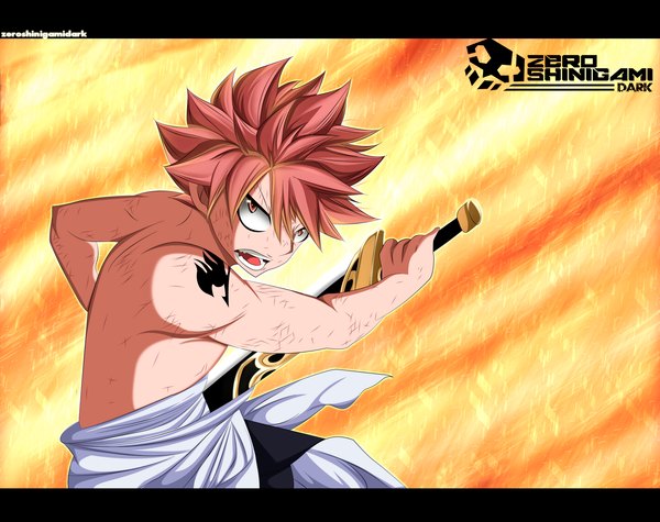 Anime picture 2271x1800 with fairy tail natsu dragneel zeroshini single highres short hair open mouth pink hair pink eyes tattoo coloring muscle angry boy weapon sword fire