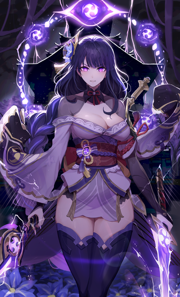 Anime picture 2600x4300 with genshin impact raiden shogun netural single long hair tall image looking at viewer blush fringe highres breasts light erotic large breasts standing purple eyes holding cleavage purple hair blunt bangs braid (braids)