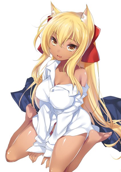 Anime picture 848x1200 with original 47agdragon single long hair tall image fringe breasts open mouth light erotic simple background blonde hair large breasts white background sitting bare shoulders brown eyes animal ears bent knee (knees) barefoot from above