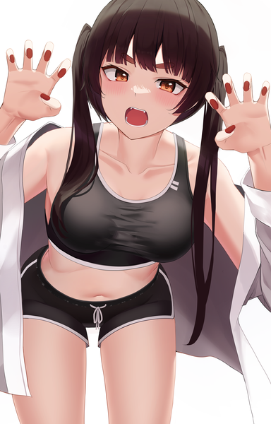 Anime picture 3541x5527 with original apple ringo single long hair tall image looking at viewer blush fringe highres breasts open mouth simple background brown hair standing white background twintails absurdres blunt bangs long sleeves nail polish