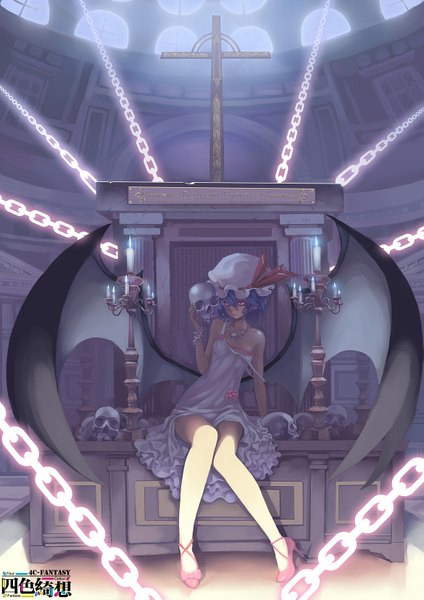 Anime picture 1169x1653 with touhou remilia scarlet madyy single tall image fringe short hair red eyes sitting bare shoulders holding blue hair looking away indoors pointy ears inscription arm support light strap slip frilled dress