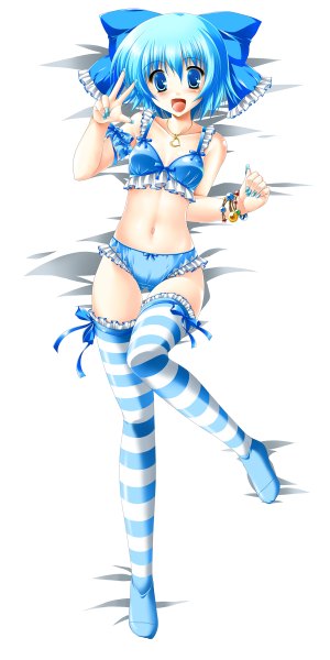 Anime picture 1200x2400 with touhou cirno kamiya tomoe single tall image blush short hair open mouth blue eyes light erotic smile blue hair game cg lying nail polish underwear only dakimakura (medium) girl thighhighs underwear