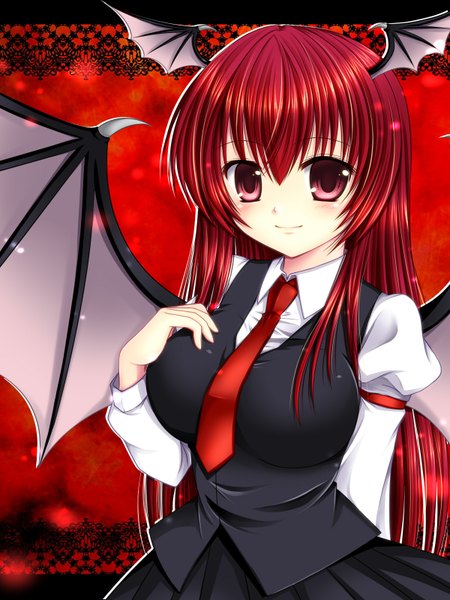 Anime picture 1200x1600 with touhou koakuma asazuki kanai long hair tall image red eyes red hair head wings bat wings girl skirt wings necktie skirt set
