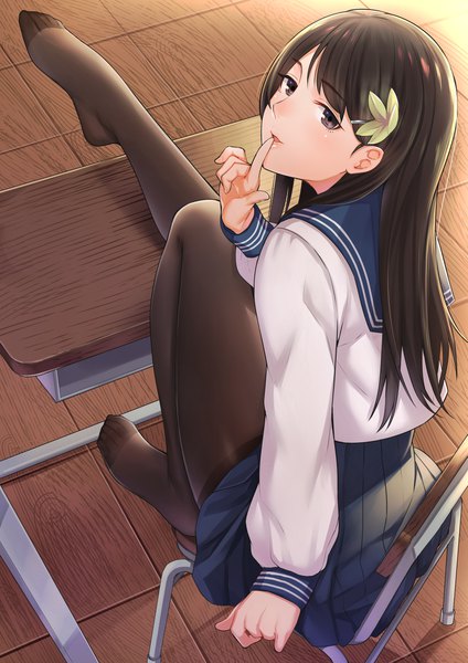 Anime picture 1417x2006 with original kyuuso inukami single long hair tall image looking at viewer blush fringe light erotic brown hair sitting brown eyes indoors long sleeves parted lips pleated skirt looking back from above legs finger to mouth