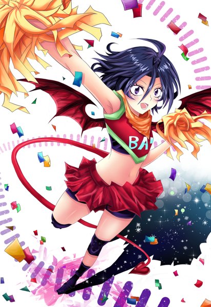 Anime picture 1612x2344 with eyeshield 21 production i.g taki suzuna gin (pixiv 31857261) single tall image blush short hair open mouth black hair smile purple eyes tail from above teeth looking up bat wings cheerleader girl skirt