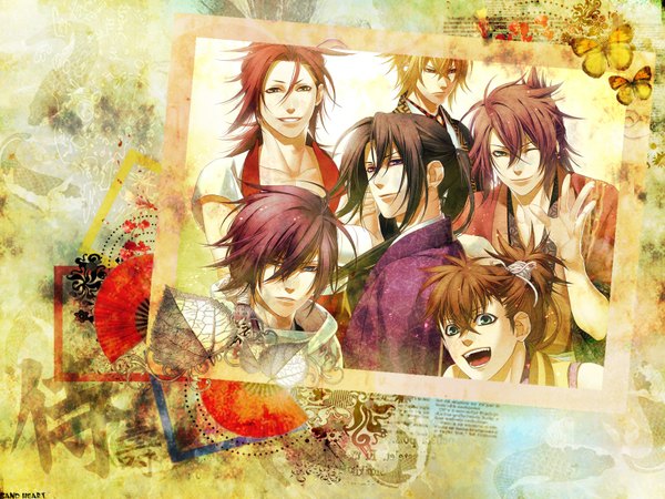 Anime picture 1600x1200 with hakuouki shinsengumi kitan studio deen saito hajime okita souji (hakuouki) hijikata toshizou (hakuouki) chikage kazama sanosuke harada toudou heisuke yone kazuki long hair looking at viewer fringe short hair blue eyes smile red eyes brown hair brown eyes green eyes yellow eyes