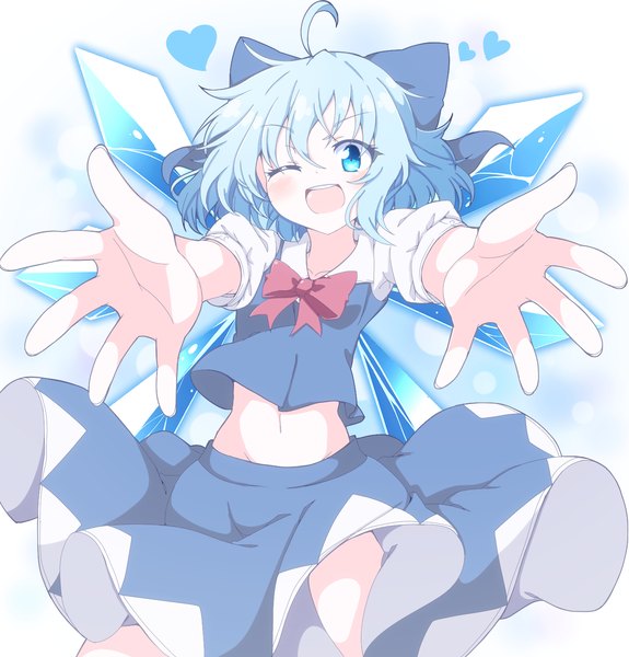 Anime-Bild 1461x1525 mit touhou cirno do (4-rt) single tall image looking at viewer fringe short hair open mouth blue eyes simple background smile hair between eyes standing white background blue hair ahoge traditional clothes :d japanese clothes