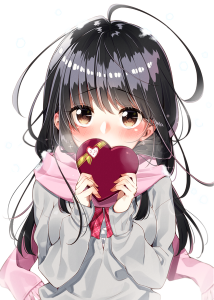 Anime picture 1191x1670 with original sakuragi ren single long hair tall image looking at viewer blush black hair simple background white background brown eyes ahoge upper body head tilt sparkle embarrassed covered mouth valentine girl uniform