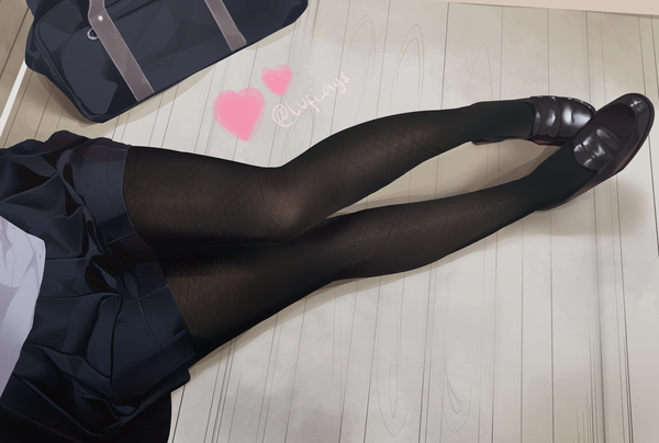 Anime picture 3040x2048 with original lufi ays single highres sitting signed absurdres legs twitter username head out of frame floor girl skirt pantyhose shoes heart black pantyhose black skirt loafers