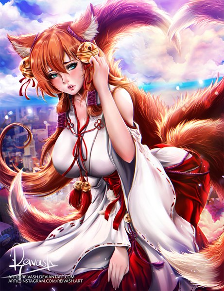 Anime picture 800x1041 with original javier estrada reivash single long hair tall image blush fringe breasts light erotic hair between eyes large breasts signed animal ears looking away sky cloud (clouds) tail traditional clothes parted lips