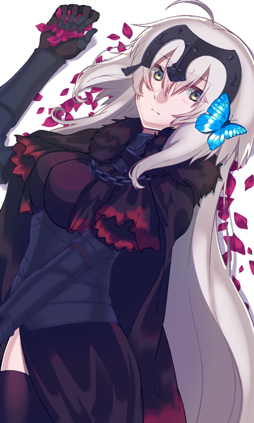 Anime picture 900x1500 with fate (series) fate/grand order jeanne d'arc (fate) (all) jeanne d'arc alter (fate) akio (akio1124) single long hair tall image looking at viewer fringe simple background hair between eyes white background yellow eyes silver hair ahoge fur trim girl petals armor