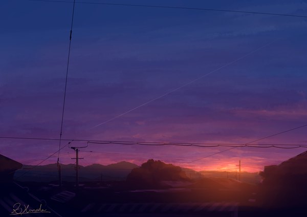 Anime picture 1300x919 with original alu.m (alpcmas) signed sky cloud (clouds) outdoors sunlight no people landscape scenic morning condensation trail twilight hill power lines