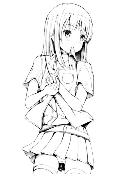 Anime picture 929x1300 with kantai collection hatsukaze destroyer dekochin hammer single long hair tall image fringe light erotic standing holding looking away pleated skirt wind short sleeves pantyshot mouth hold monochrome lineart glove in mouth girl