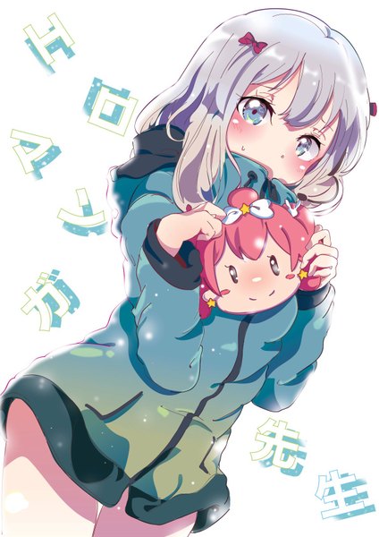 Anime picture 1190x1684 with eromanga sensei a-1 pictures izumi sagiri aloe (kenkou3733) single long hair tall image looking at viewer blush fringe blue eyes simple background hair between eyes white background holding silver hair long sleeves bare legs shadow copyright name