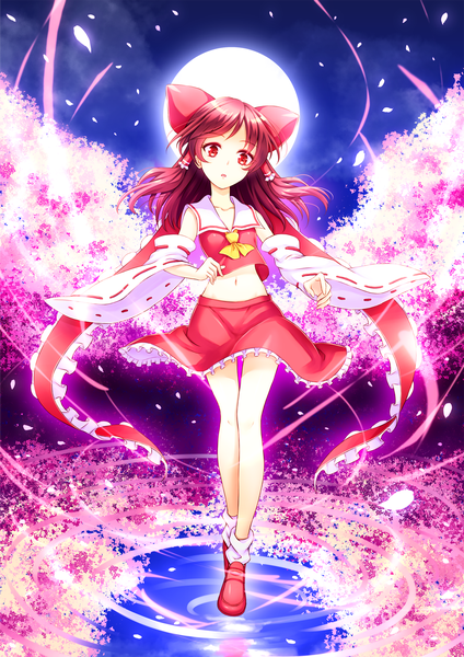 Anime picture 1414x2000 with touhou hakurei reimu tomo1030 single long hair tall image red eyes red hair cherry blossoms girl skirt navel bow hair bow miniskirt petals moon skirt set red skirt