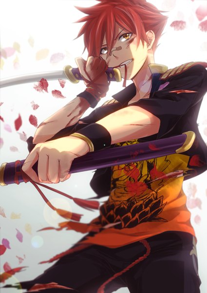 Anime picture 850x1200 with touken ranbu nitroplus aizen kunitoshi ulrica single tall image looking at viewer fringe short hair holding yellow eyes red hair teeth torn clothes eyebrows injury bleeding bandaid on nose boy weapon