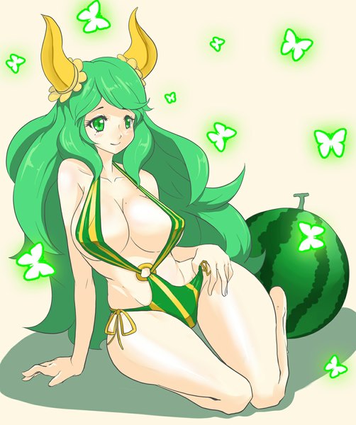 Anime picture 1000x1196 with monster strike trombe single long hair tall image blush breasts light erotic smile large breasts green eyes horn (horns) green hair mole mole under eye mole on breast girl swimsuit food berry (berries)