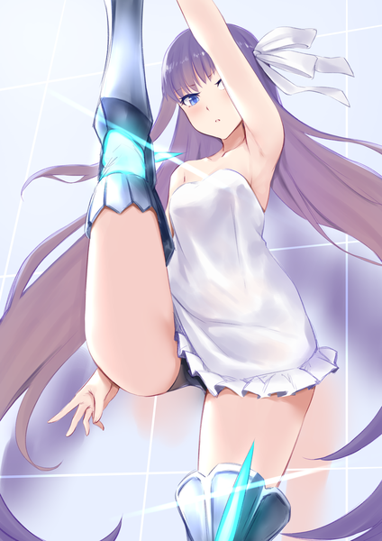 Anime picture 1637x2315 with fate (series) fate/extra fate/extra ccc meltryllis (fate) jilu single tall image looking at viewer blush breasts open mouth blue eyes light erotic standing purple hair very long hair arm up armpit (armpits) sleeveless standing on one leg