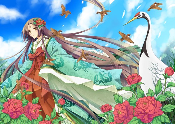 Anime picture 1414x1000 with original yukisora (artist) single looking at viewer brown hair yellow eyes cloud (clouds) very long hair traditional clothes japanese clothes hair flower girl hair ornament flower (flowers) animal bird (birds)