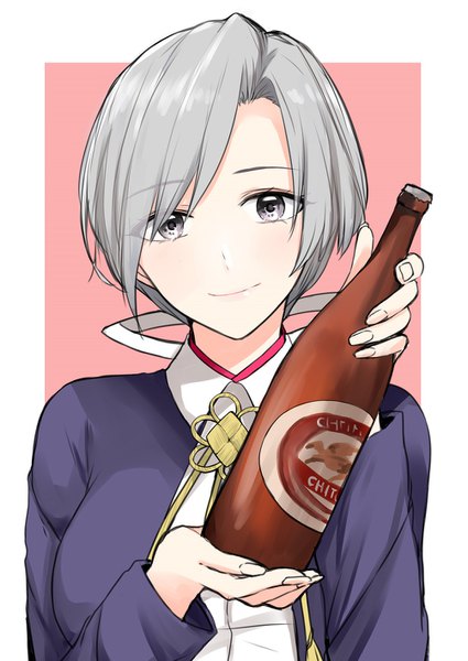 Anime-Bild 1004x1417 mit kantai collection kirin (company) chitose seaplane tender morinaga (harumori) single tall image looking at viewer short hair holding silver hair upper body light smile alternate costume character names silver eyes girl bottle alcohol beer