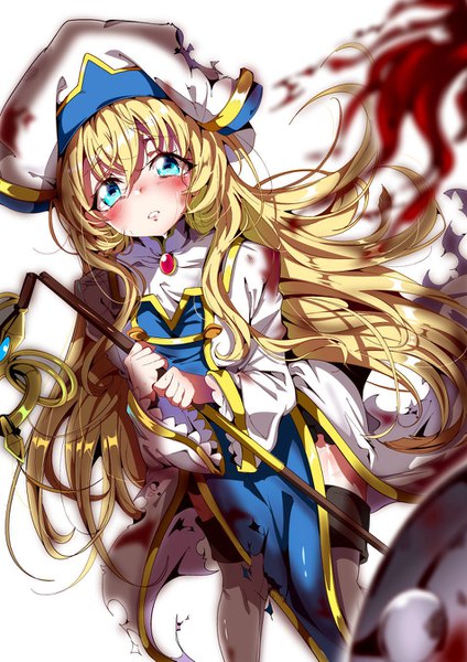 Anime picture 952x1347 with goblin slayer! white fox goblin slayer priestess (goblin slayer!) aloe (kenkou3733) long hair tall image looking at viewer blush fringe blue eyes blonde hair hair between eyes standing holding parted lips wide sleeves dutch angle tears torn clothes