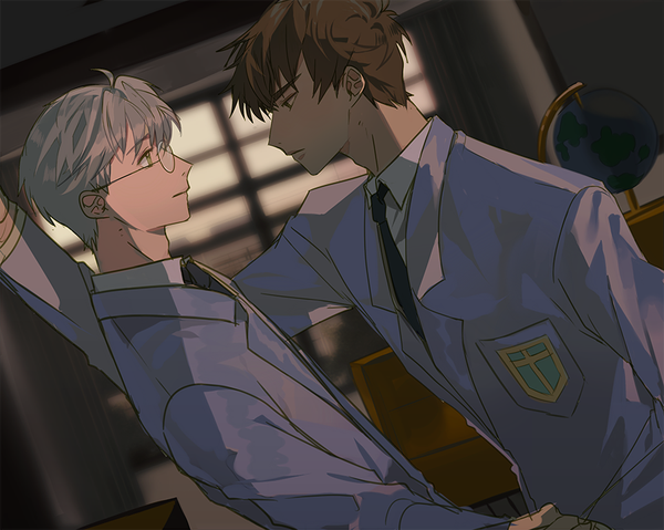 Anime picture 900x719 with card captor sakura clamp kinomoto touya tsukishiro yukito dal (edalnem) short hair brown hair upper body indoors profile grey hair multiple boys grey eyes eye contact shounen ai boy uniform school uniform glasses necktie