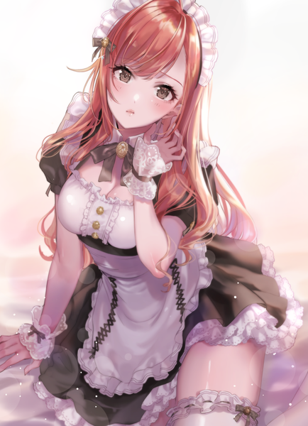 Anime picture 904x1250 with idolmaster idolmaster shiny colors arisugawa natsuha magako single long hair tall image looking at viewer blush fringe breasts simple background large breasts sitting brown eyes cleavage red hair arm support maid puffy sleeves