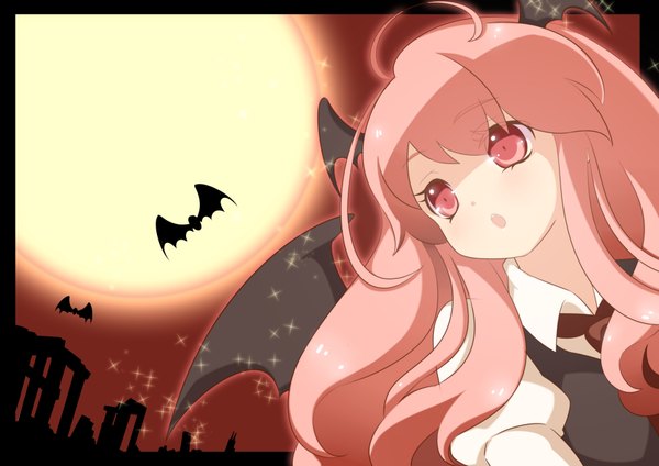 Anime picture 3507x2480 with touhou koakuma kaka cheung single long hair highres pink hair absurdres ahoge pink eyes night head wings girl wings moon bat