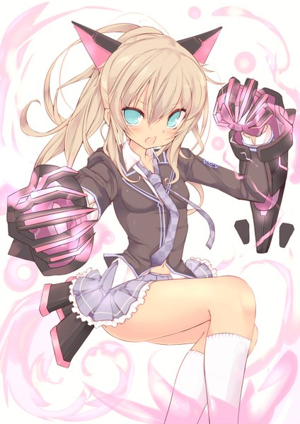 Anime picture 1157x1636 with original nico nico douga shugami (artist) single long hair tall image looking at viewer blush open mouth blue eyes blonde hair animal ears ponytail cat ears :o cat girl mecha musume girl thighhighs skirt
