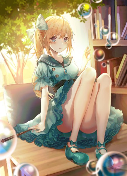 Anime picture 1898x2620 with original sseyeng (mgda7284) single long hair tall image looking at viewer blush fringe highres breasts blue eyes light erotic blonde hair smile hair between eyes sitting payot full body bare legs short sleeves